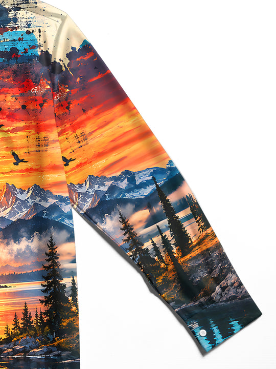 Adaychic Men's Graphic Mountain Sunset Landscape Print Long Sleeve Shirt with Chest Pocket