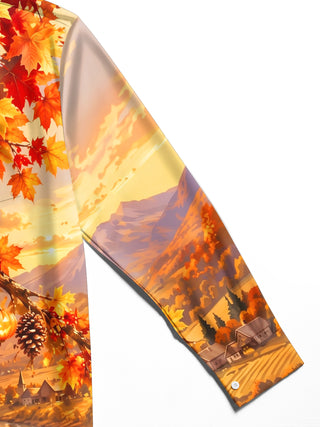 Adaychic Men's Long Sleeve Shirt - Halloween Autumn Landscape With Jack-o-lanterns And Pinecones Print with Chest Pocket