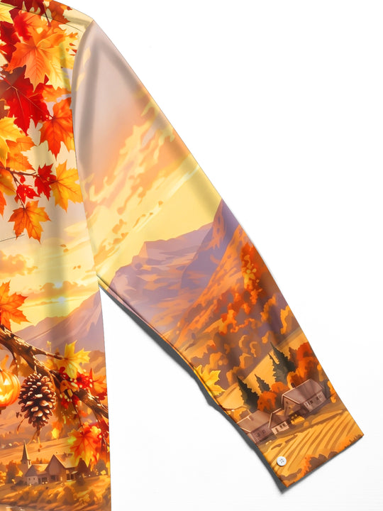 Adaychic Men's Long Sleeve Shirt - Halloween Autumn Landscape With Jack-o-lanterns And Pinecones Print with Chest Pocket