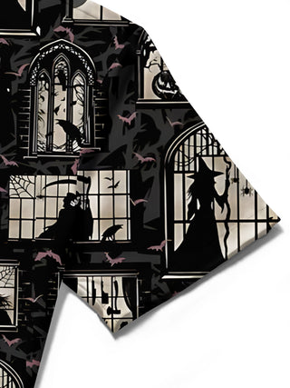 Adaychic Men's Printed Halloween Gothic Windows Print Short Sleeve Shirt with Chest Pocket