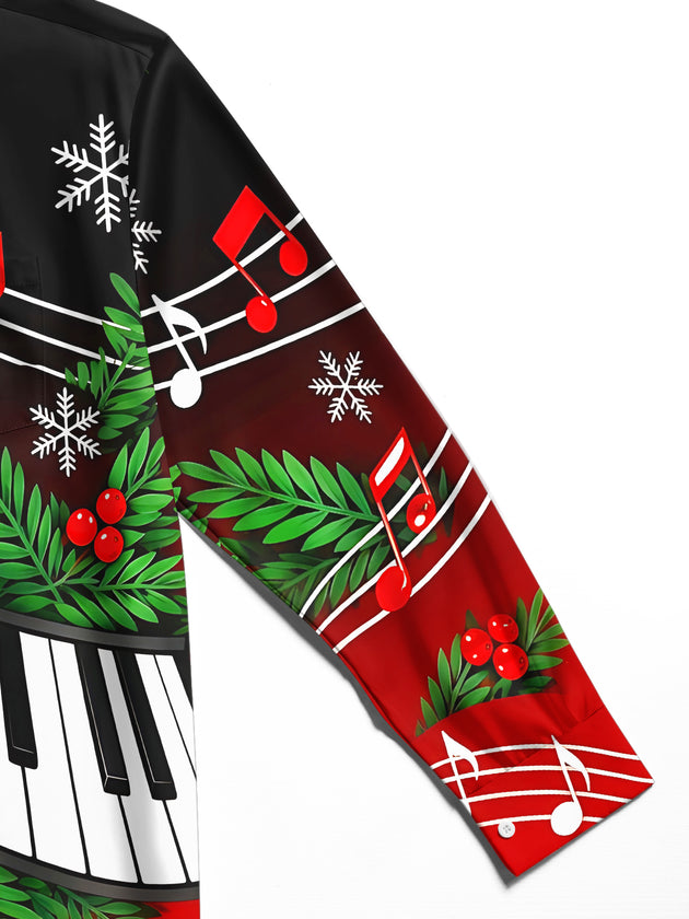 Adaychic Men's Long Sleeve Shirt - Christmas Piano Keyboard And Musical Notes Print with Chest Pocket