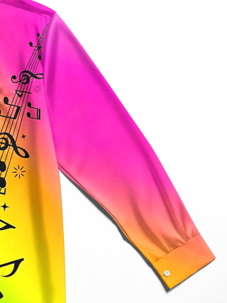 Adaychic Men's Long Sleeve Shirt - Rainbow Gradient With Musical Notes And Staff Print with Chest Pocket