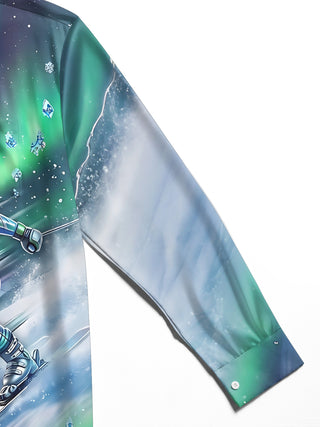 Adaychic Men's Skiing Person And Snowflakes Print Long Sleeve Shirt with Chest Pocket