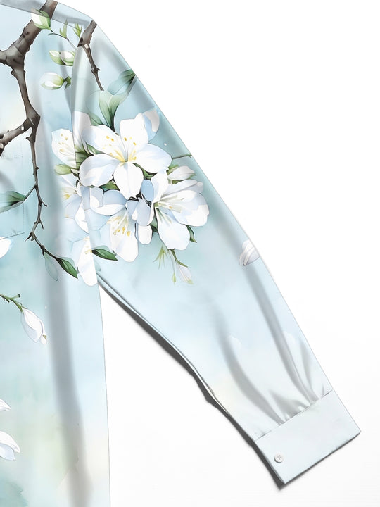 Adaychic Men's Floral White Blossom Branch Print Long Sleeve Shirt with Chest Pocket