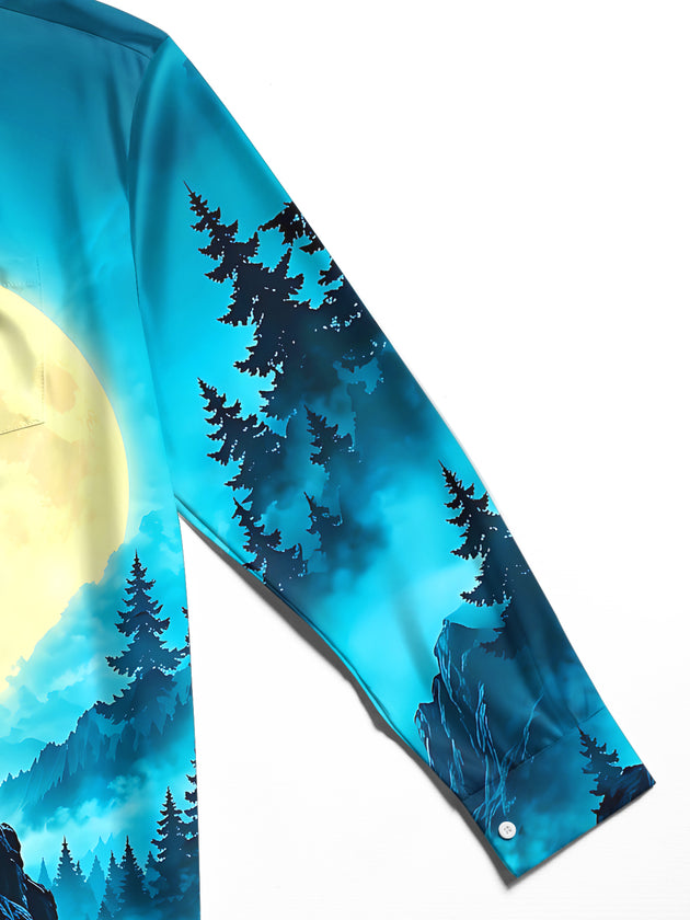 Adaychic Men's Printed Howling Wolf And Full Moon Print Long Sleeve Shirt with Chest Pocket