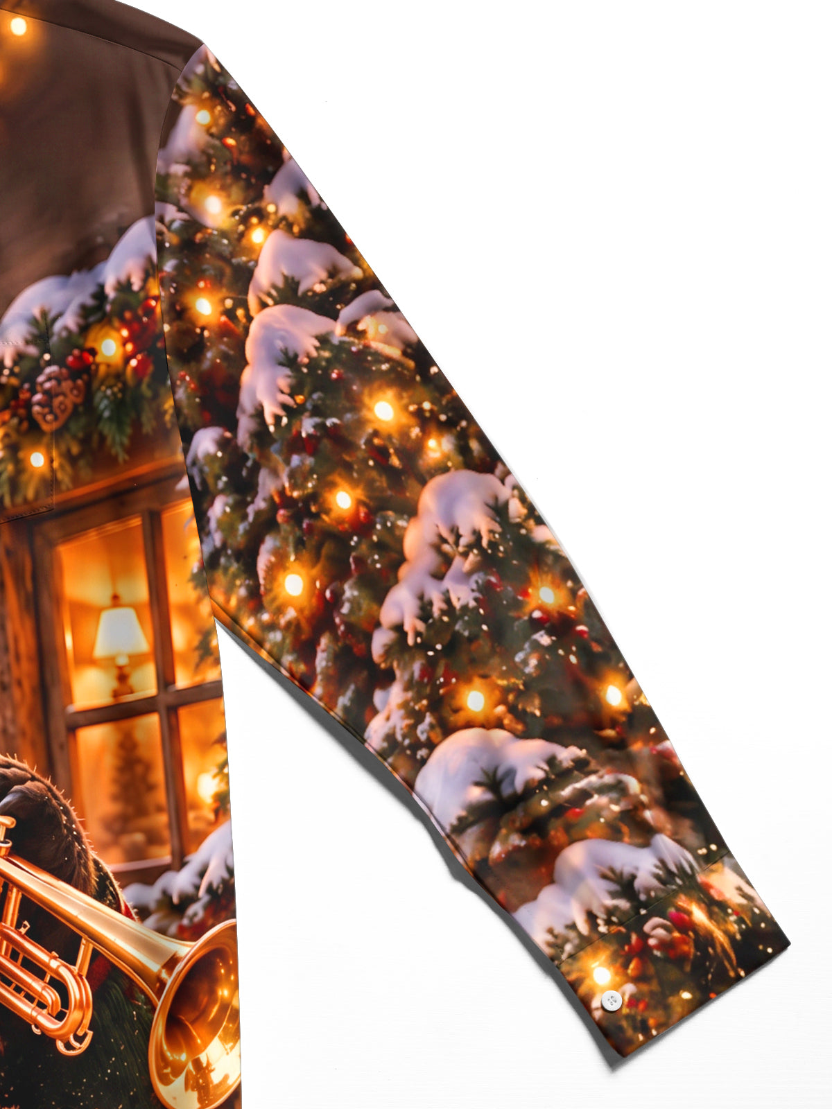 Adaychic Men's Long Sleeve Shirt - Christmas Brown Bear Playing Trumpet In Winter Scene Print with Chest Pocket