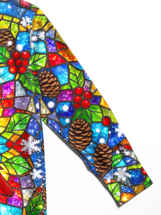 Adaychic Men's Christmas Stained Glass Cardinal Bird Print Long Sleeve Shirt with Chest Pocket