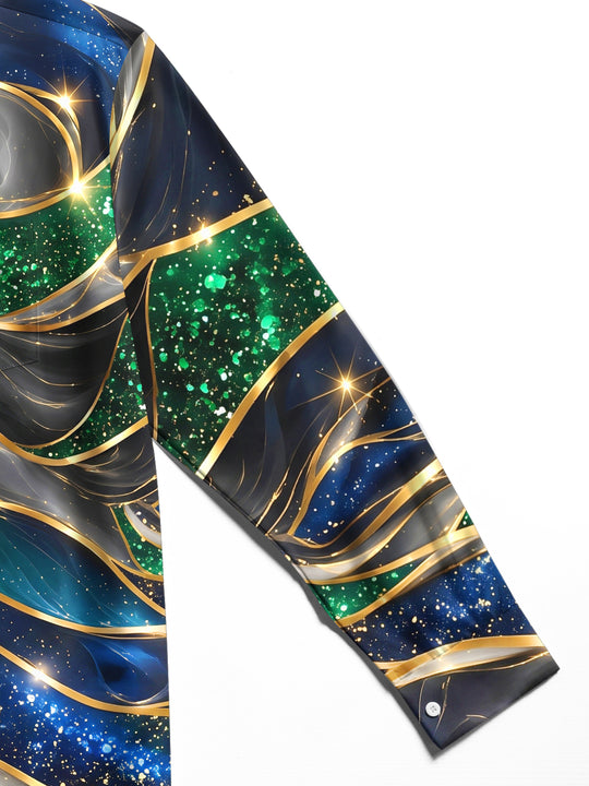 Adaychic Men's Abstract Wavy Lines And Sparkles Print Long Sleeve Shirt with Chest Pocket