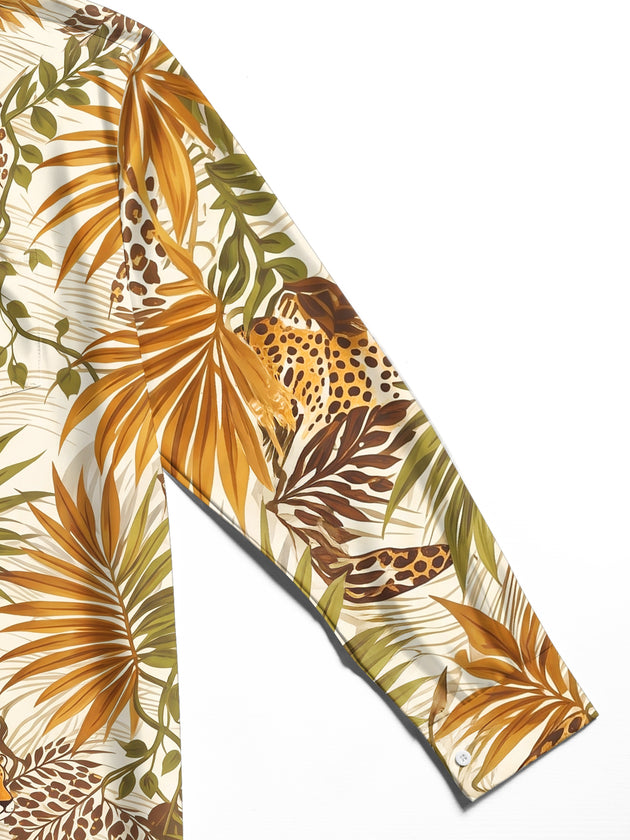 Adaychic Men's Hawaiian Leopard And Palm Leaves Print Long Sleeve Shirt with Chest Pocket