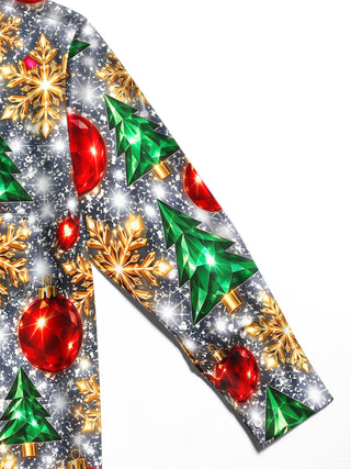 Adaychic Men's Printed Christmas Trees And Ornaments Print Long Sleeve Shirt with Chest Pocket