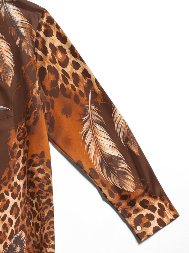 Adaychic Men's Printed Bird And Leopard Print Long Sleeve Shirt with Chest Pocket
