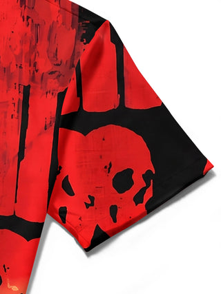 Adaychic Men's Graphic Skull Print Skeleton Design Print Short Sleeve Shirt with Chest Pocket