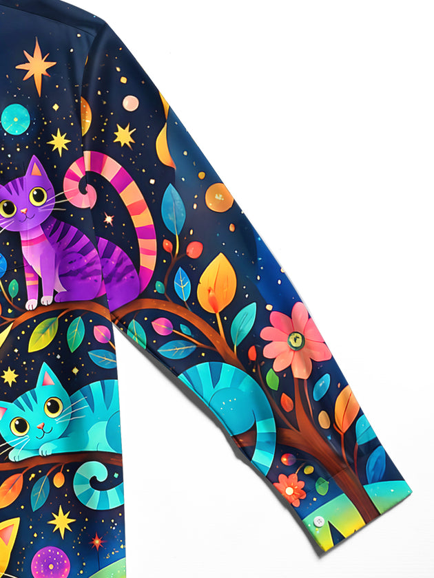 Adaychic Men's Hawaiian Colorful Cats Print Night Sky Print Long Sleeve Shirt with Chest Pocket