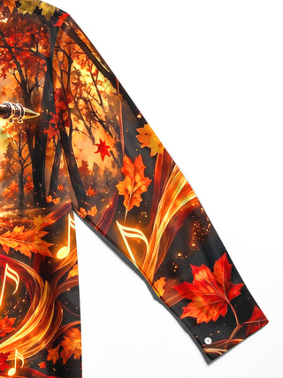 Adaychic Men's Saxophone And Autumn Leaves Print Long Sleeve Shirt with Chest Pocket