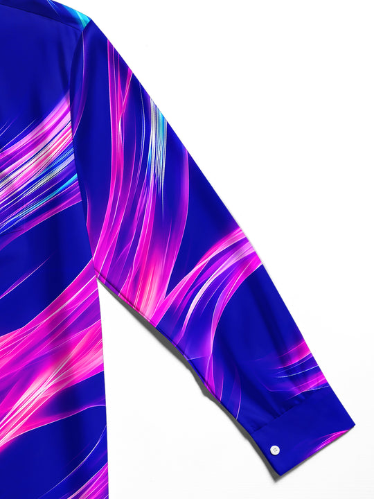 Adaychic Men's Patterned Abstract Wavy Light Streaks Print Long Sleeve Shirt with Chest Pocket