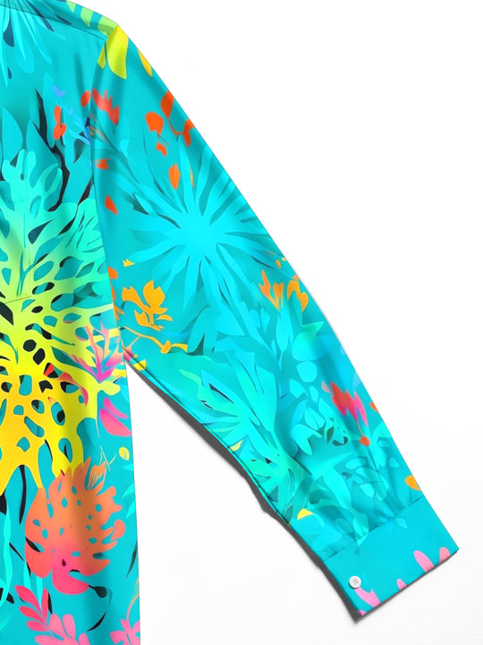 Adaychic Men's Hawaiian Tropical Leaves And Flowers Print Long Sleeve Shirt with Chest Pocket