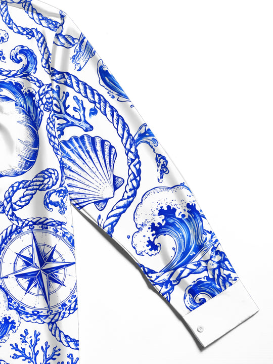 Adaychic Men's Hawaiian Nautical Waves And Seashells Print Long Sleeve Shirt with Chest Pocket