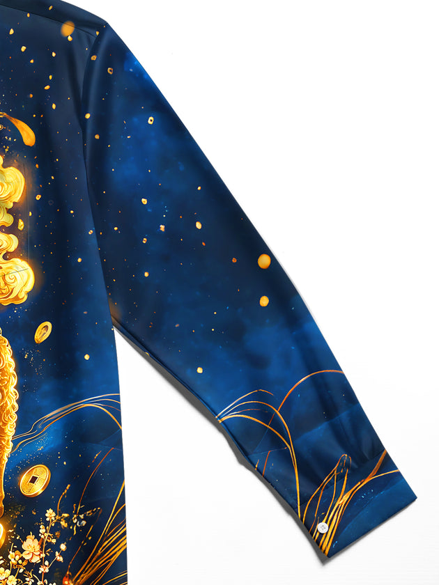 Adaychic Men's Printed Golden Sheep Print Full Moon Print Long Sleeve Shirt with Chest Pocket