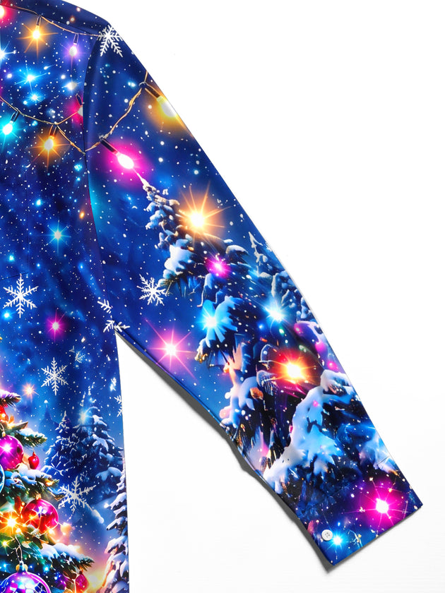 Adaychic Men's Christmas Tree With Ornaments And Gifts Print Long Sleeve Shirt with Chest Pocket