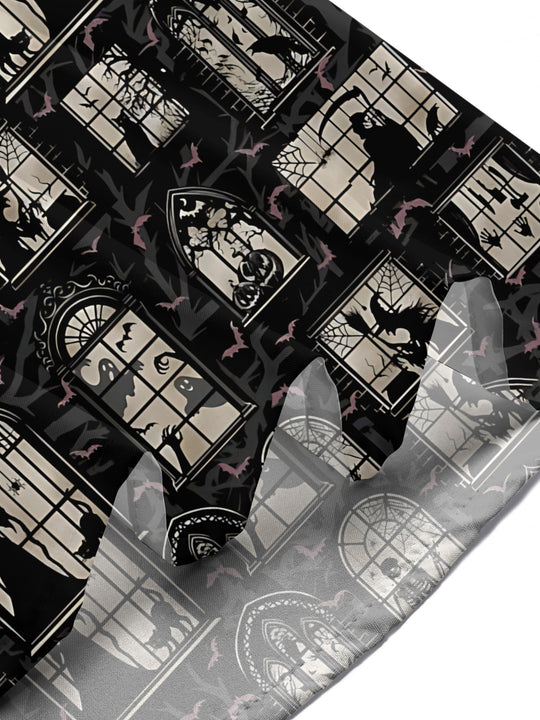 Adaychic Men's Printed Halloween Gothic Windows Print Short Sleeve Shirt with Chest Pocket