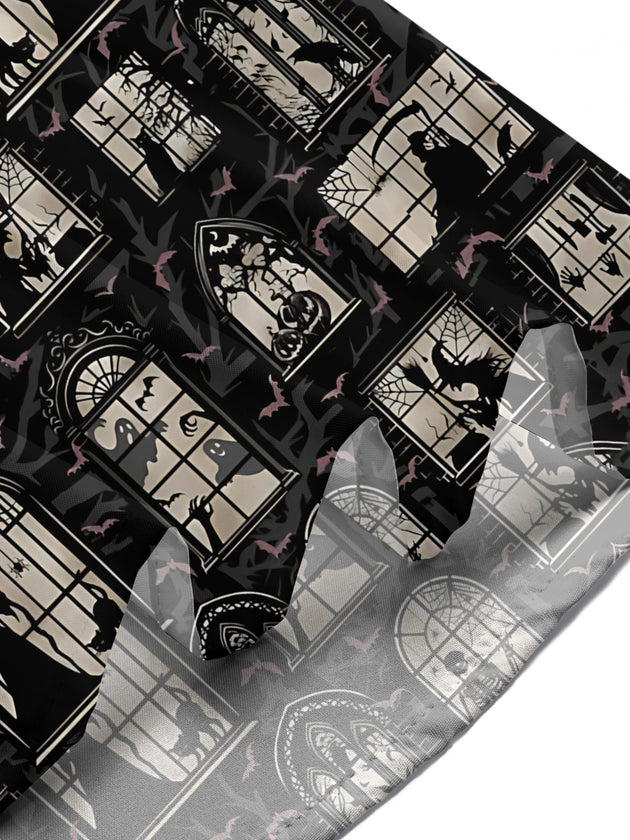 Adaychic Men's Printed Halloween Gothic Windows Print Short Sleeve Shirt with Chest Pocket