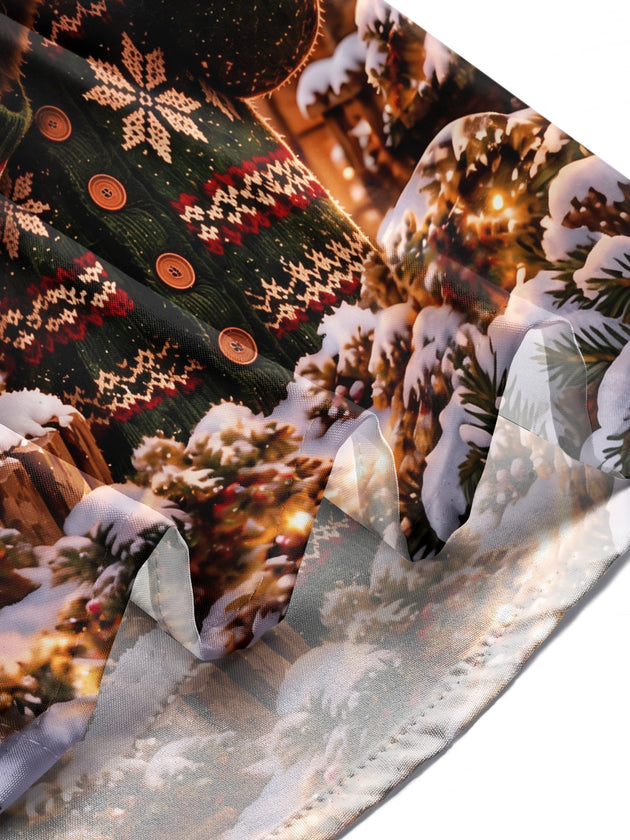 Adaychic Men's Long Sleeve Shirt - Christmas Brown Bear Playing Trumpet In Winter Scene Print with Chest Pocket