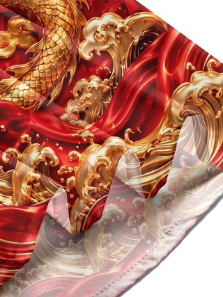 Adaychic Men's Long Sleeve Shirt - Chinese New Year Golden Dragon And Chinese Lanterns Print with Chest Pocket