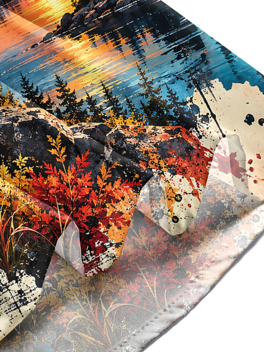 Adaychic Men's Graphic Mountain Sunset Landscape Print Long Sleeve Shirt with Chest Pocket