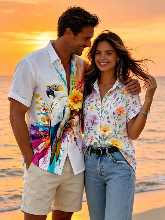 Matching Couple Tropical Floral Print Short Sleeve Shirts