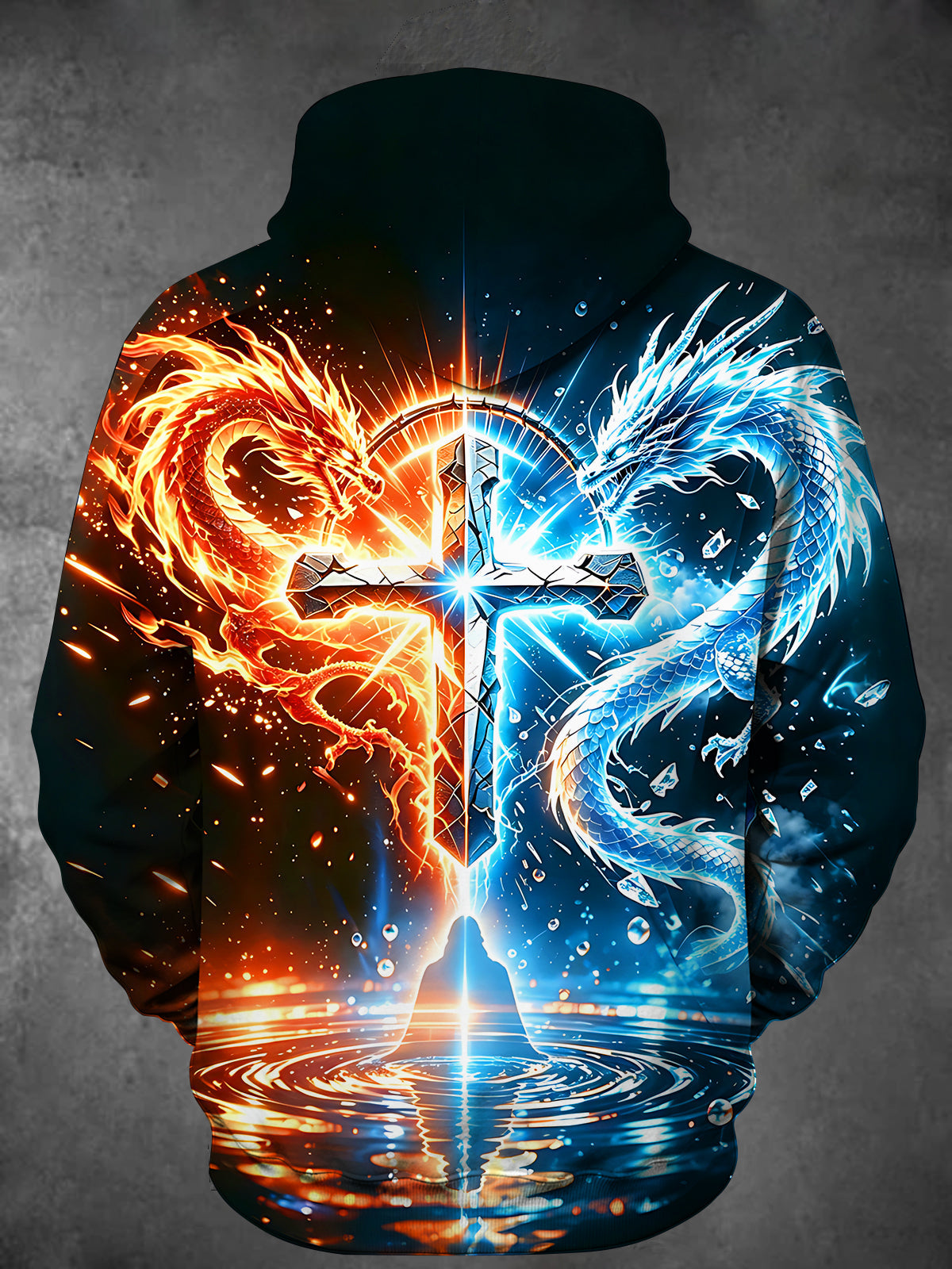 Adaychic Men's Ice And Fire Twin Dragons With Cross Print Long Sleeve Hoodie