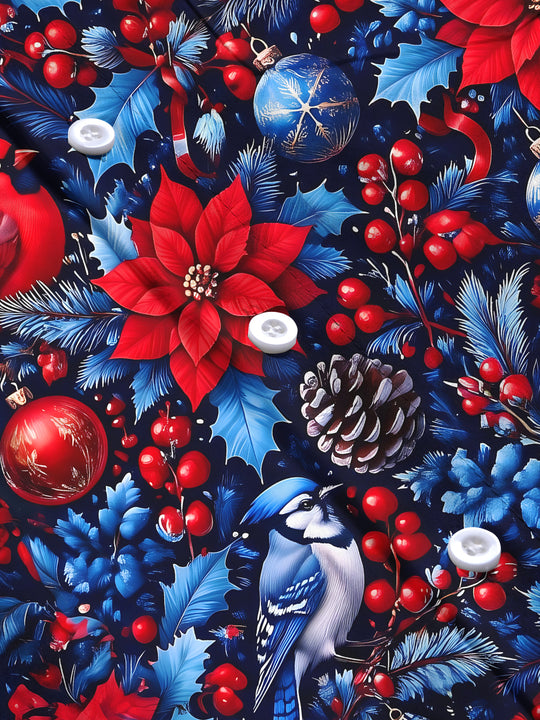Adaychic Men's Printed Christmas Birds And Ornaments Print Long Sleeve Shirt with Chest Pocket