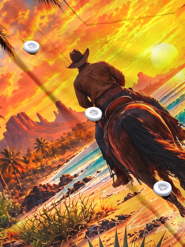 Adaychic Men's Long Sleeve Stand Collar Shirt - Cowboy On Horseback At Beach Sunset Print