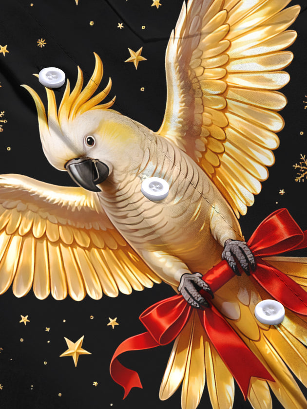 Adaychic Men's Christmas Golden Parrot With Red Ribbon Print Long Sleeve Shirt with Chest Pocket