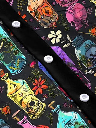 Adaychic Men's Hawaiian Skull Bottles Print Floral Pattern Short Sleeve Shirt with Chest Pocket
