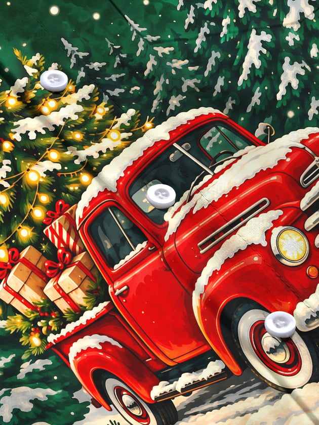 Adaychic Men's Long Sleeve Shirt - Vintage Red Truck With Christmas Tree And Gifts Print with Chest Pocket