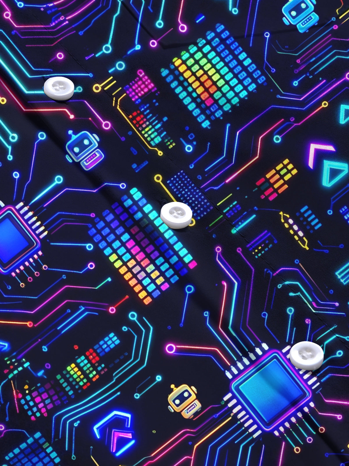 Adaychic Men's Retro Neon Circuit Board And Robot Icons Print Long Sleeve Shirt with Chest Pocket