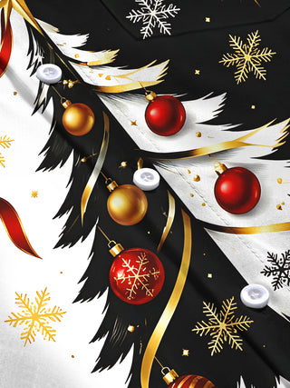 Adaychic Men's Christmas Tree With Ornaments And Holly Print Long Sleeve Shirt with Chest Pocket