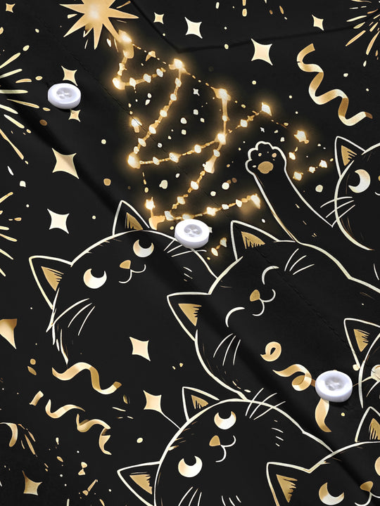 Adaychic Men's Long Sleeve Shirt - Black Cats And Christmas Tree With Fireworks Print with Chest Pocket