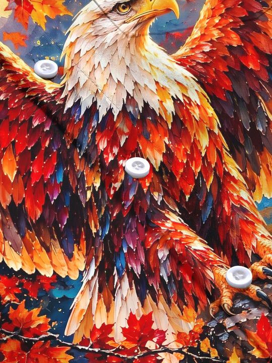 Adaychic Men's Bald Eagle And Autumn Maple Leaves Print Long Sleeve Shirt with Chest Pocket