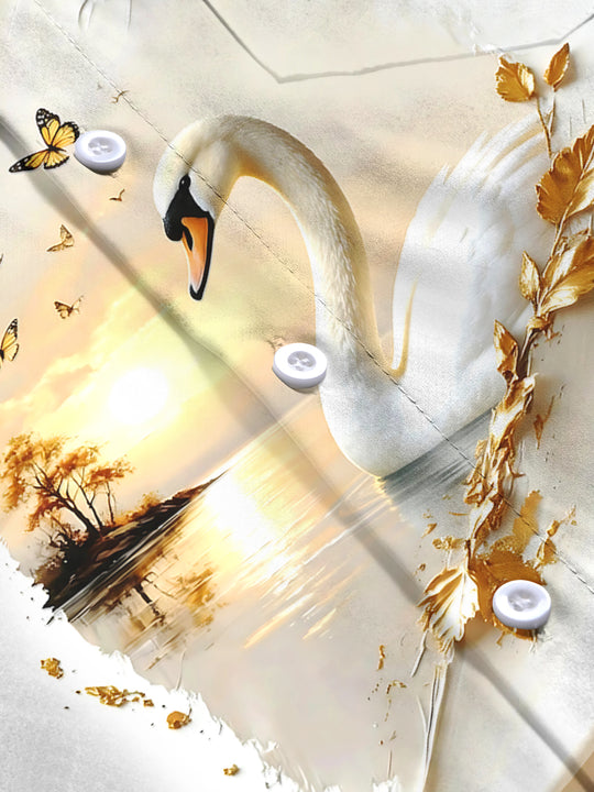 Adaychic Men's Printed Swan Print Butterflies Print Long Sleeve Shirt with Chest Pocket