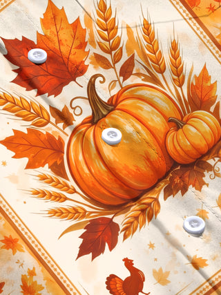 Adaychic Men's Long Sleeve Shirt - Thanksgiving Pumpkins Turkeys And Autumn Leaves Print with Chest Pocket