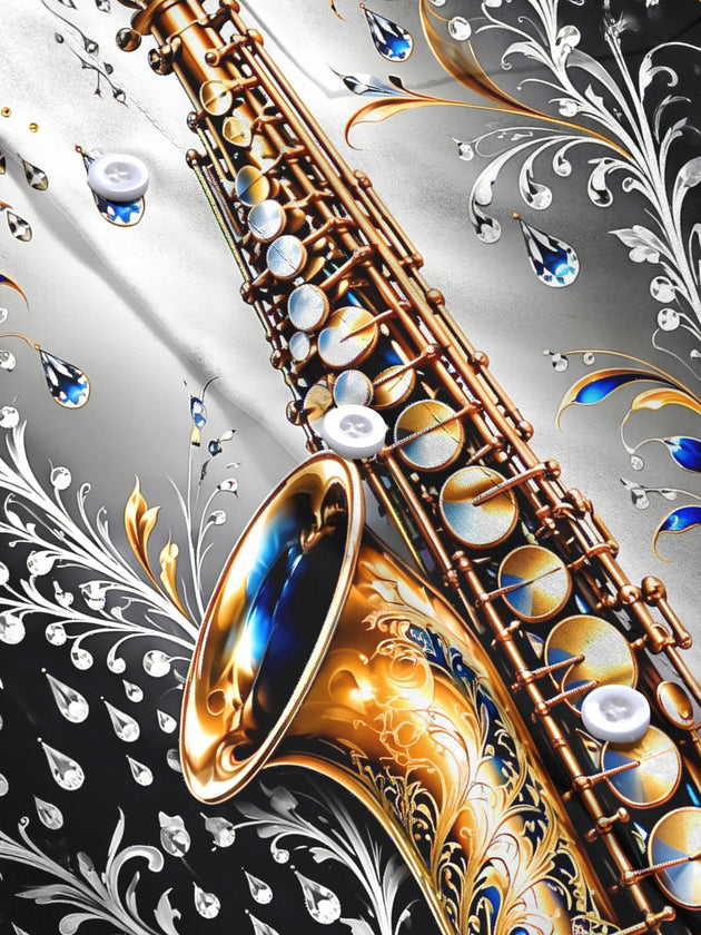 Adaychic Men's Graphic Saxophone And Floral Diamond Pattern Long Sleeve Shirt with Chest Pocket