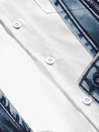 Adaychic Men's Printed Denim Vest Print Short Sleeve Shirt with Chest Pocket