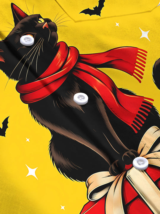 Adaychic Men's Long Sleeve Shirt - Christmas Black Cat With Red Scarf On Gift Box Print with Chest Pocket