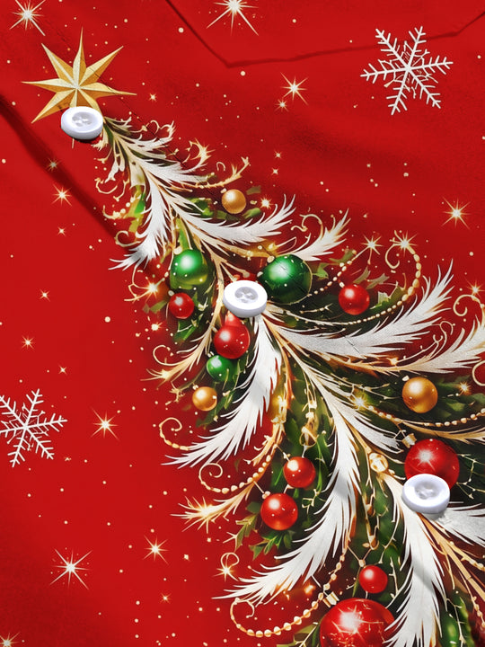 Adaychic Men's Printed Christmas Tree Print Snowflakes Print Long Sleeve Shirt with Chest Pocket