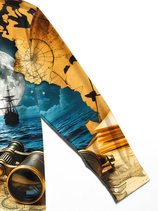 Adaychic Men's Vintage Style Vintage Map Print Long Sleeve Shirt with Chest Pocket