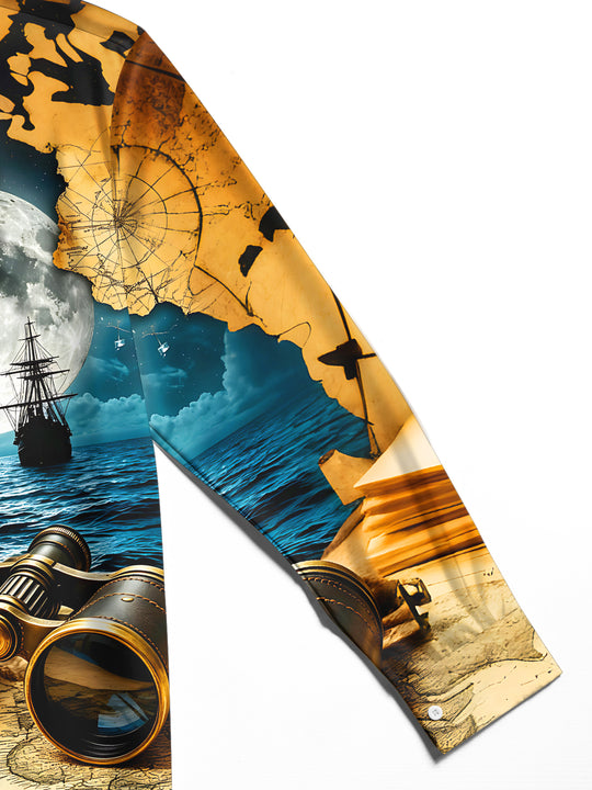Adaychic Men's Vintage Style Vintage Map Print Long Sleeve Shirt with Chest Pocket