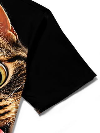 Adaychic Men's Graphic 3D Cat Print Tabby Cat Face Print Short Sleeve Shirt with Chest Pocket