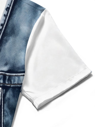 Adaychic Men's Printed Denim Vest Print Short Sleeve Shirt with Chest Pocket