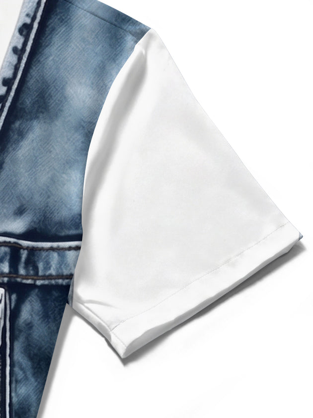 Adaychic Men's Printed Denim Vest Print Short Sleeve Shirt with Chest Pocket